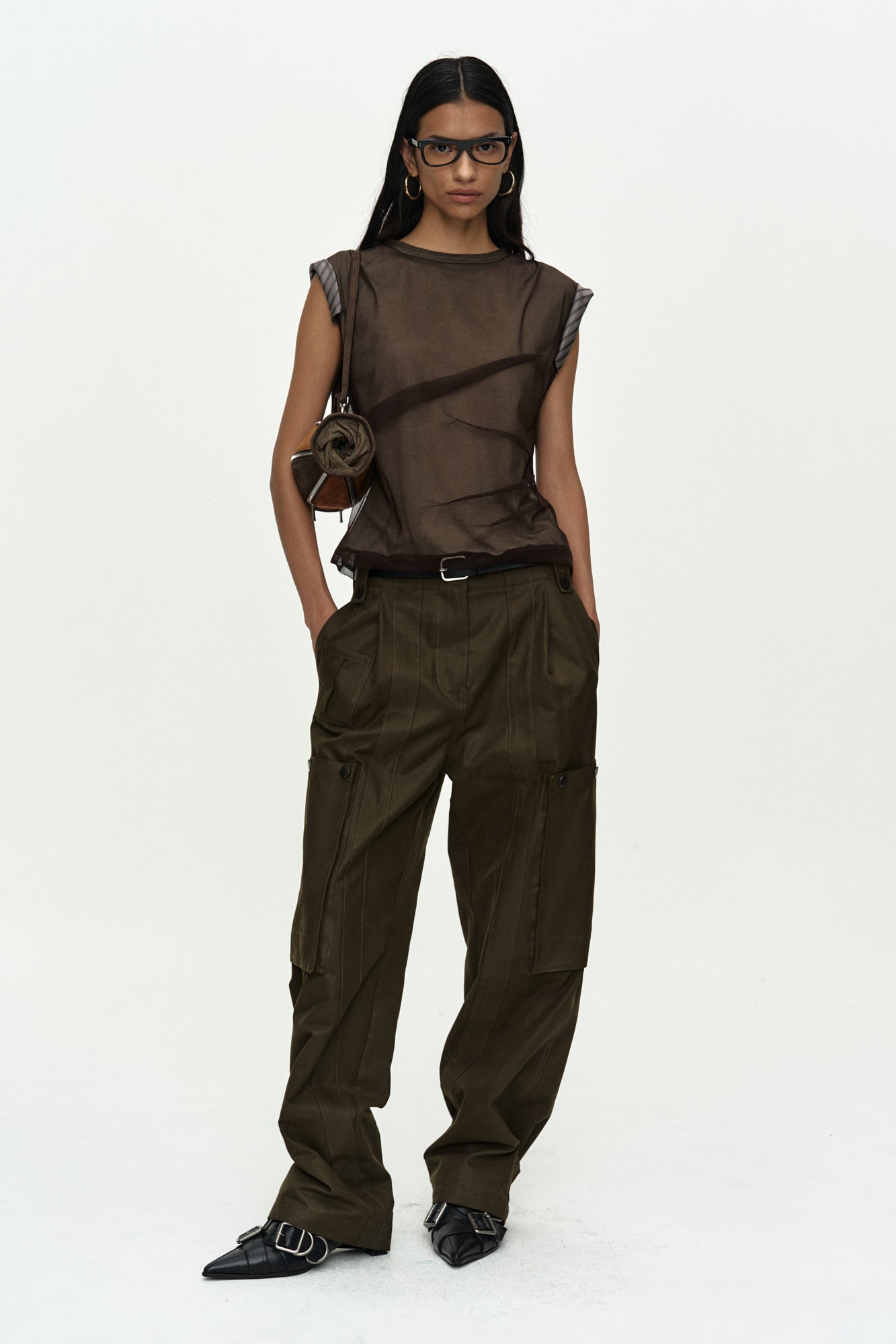 Andersson Bell - Layered Mesh Tuck & Dart Top (Brown) product image 7 | TRAB K-Fashion Australia
