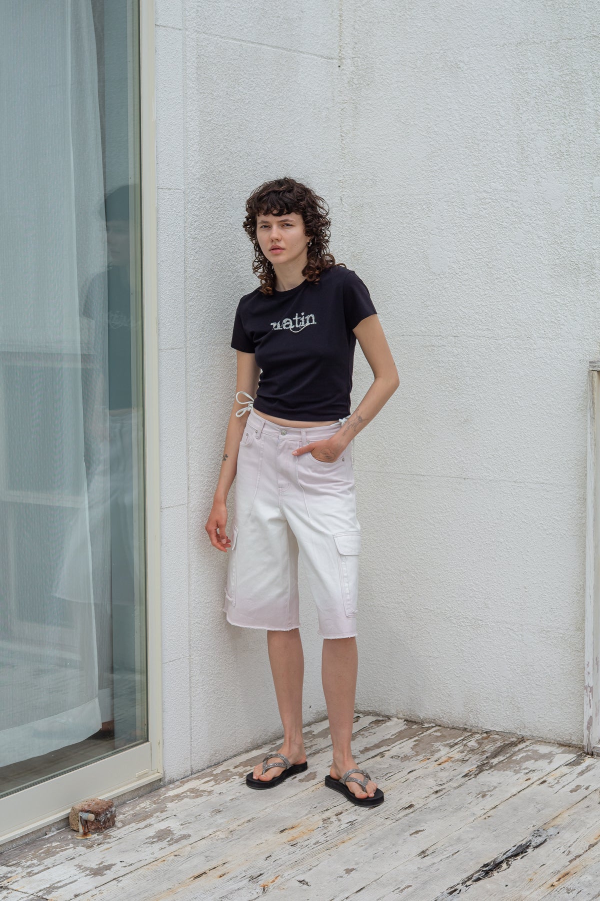 Matin Kim - Stitch Printing Detail Crop Top (Black) product image 8 | TRAB K-Fashion Australia