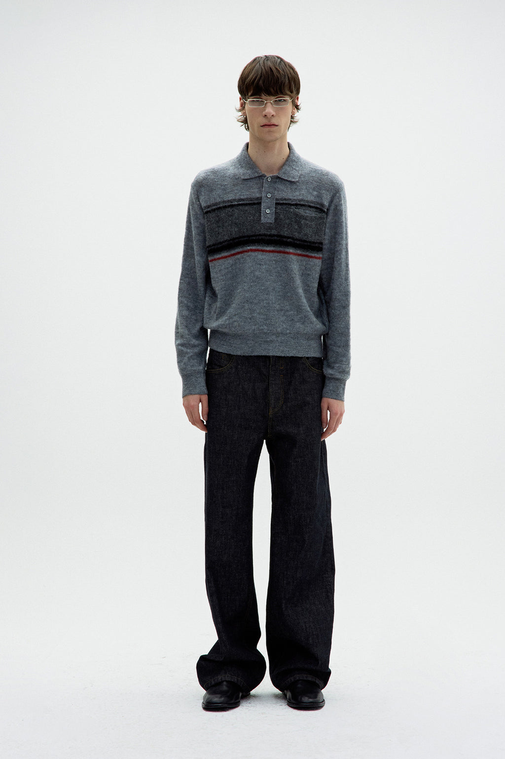 Coor - Alpaca Blend Striped Polo Sweater (Melange Gray) product image 2 | TRAB K-Fashion Australia