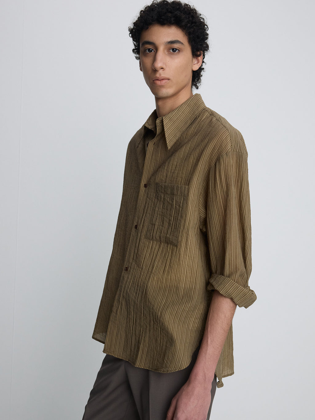 Tonywack - Lyocell Oversized Stripe Shirt (Olive Stripe) product image 7 | TRAB K-Fashion Australia
