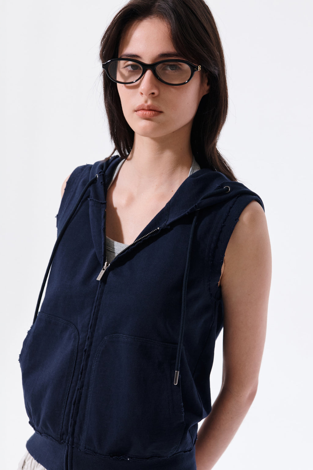 Matin Kim - Back Logo Jersey Hood Vest (Navy) product image 11 | TRAB K-Fashion Australia