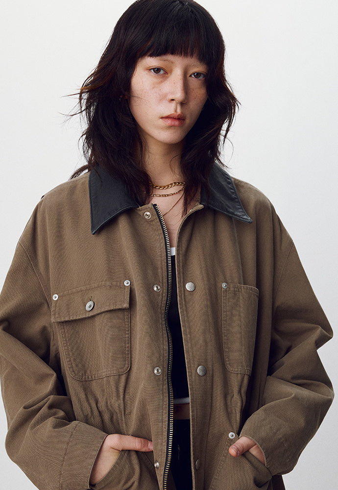 Tonywack - Leather Collar Garment-Washed Utility Jacket (Faded Olive) product image 1 | TRAB K-Fashion Australia