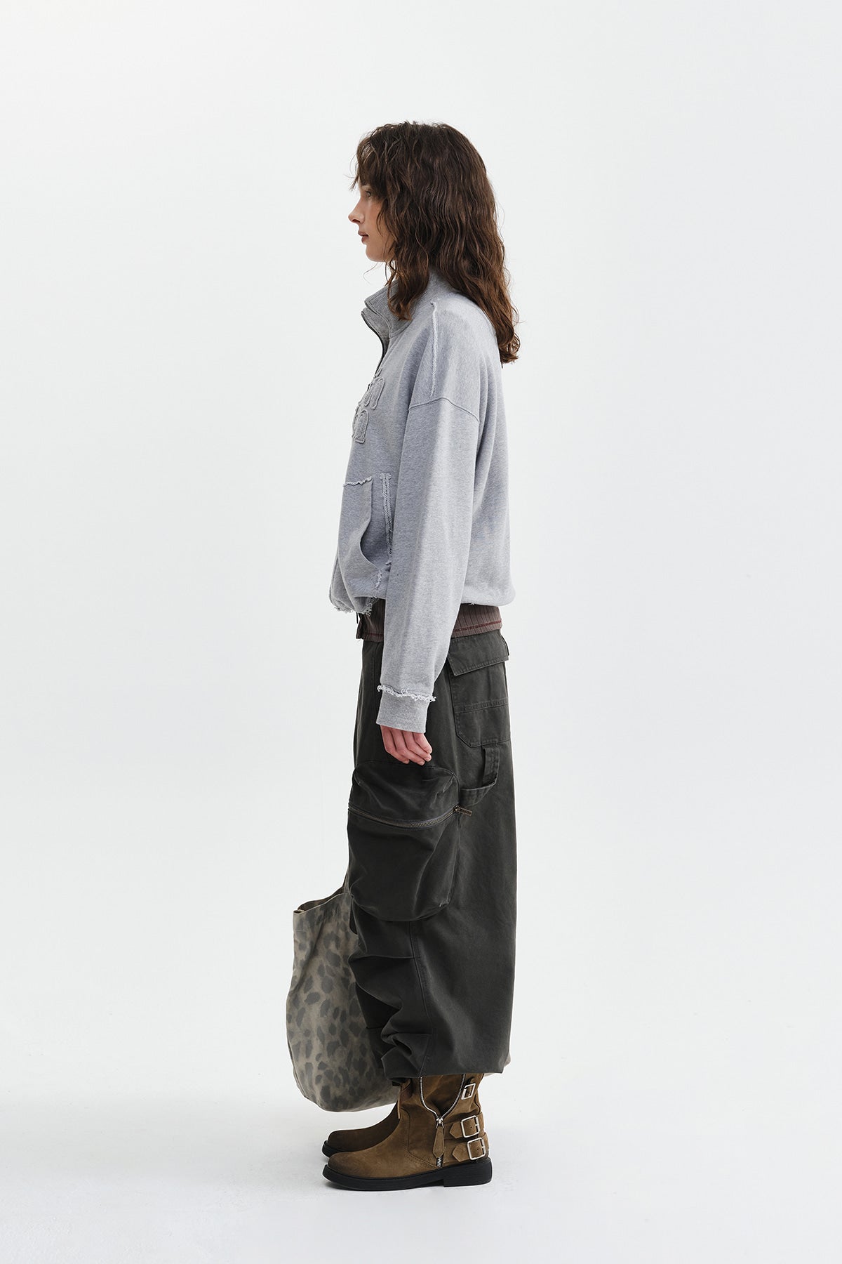 Matin Kim - [Pre-Order – Ships August 24] Mixed Waffle Applique Logo Zip Up (Grey) product image 8 | TRAB K-Fashion Australia