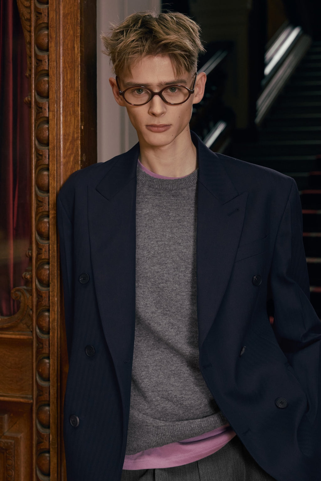 STU - Herringbone Double Breasted Blazer (Navy) product image 2 | TRAB K-Fashion Australia