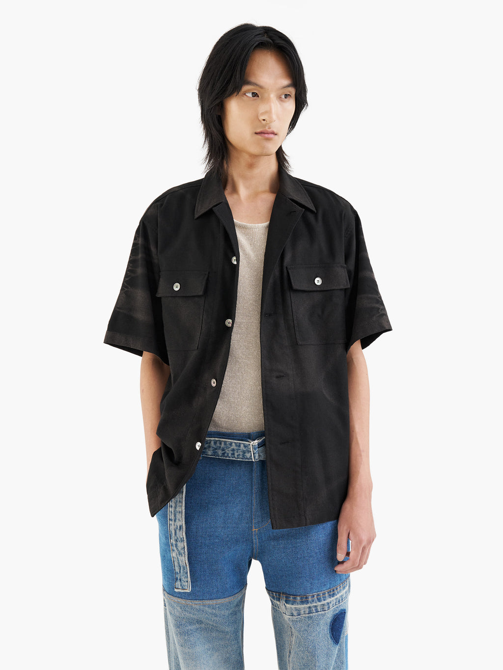 Jiyong Kim - Sun-Bleached Tailored Collar Half Sleeve Shirt (Black) product image 3 | TRAB K-Fashion Australia