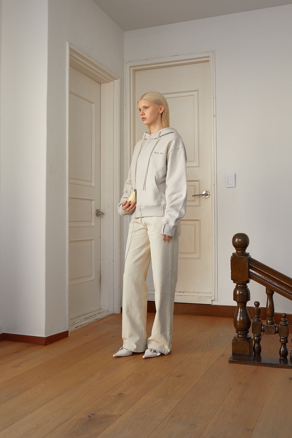 Matin Kim - Rib Cut Detail Logo Hoody (Beige) product image 7 | TRAB K-Fashion Australia