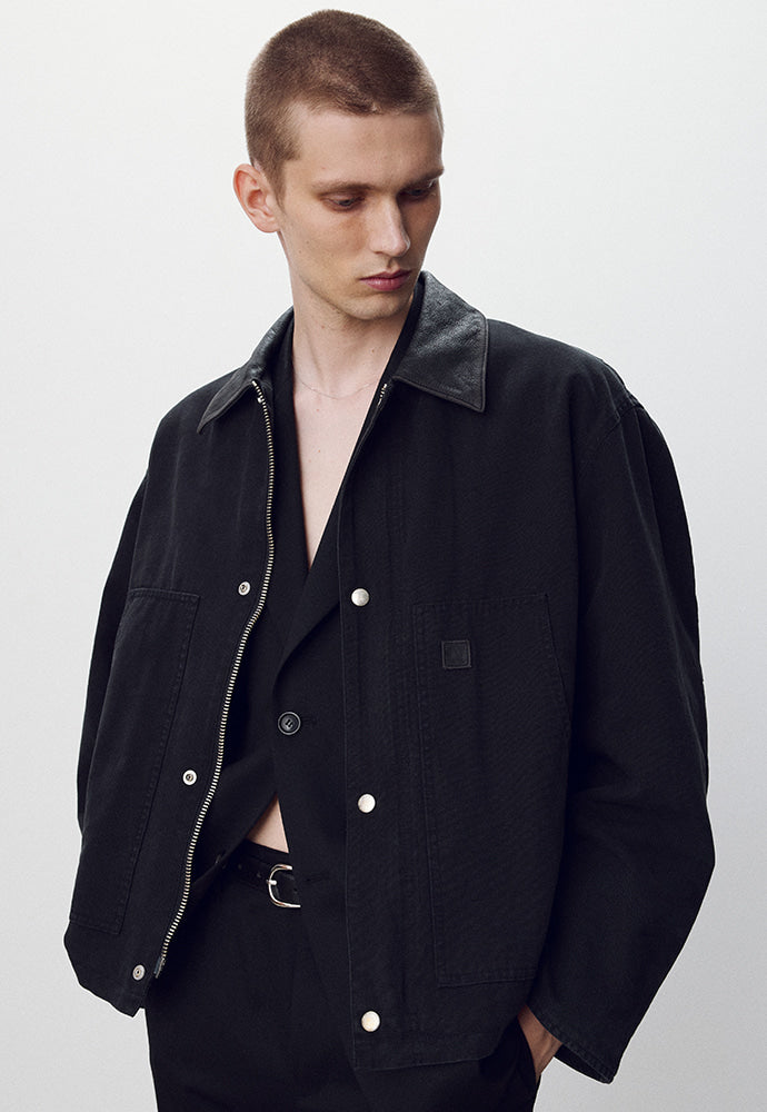 Tonywack - Leather Collar Garment-Washed Chore Jacket (Faded Black) product image 1 | TRAB K-Fashion Australia