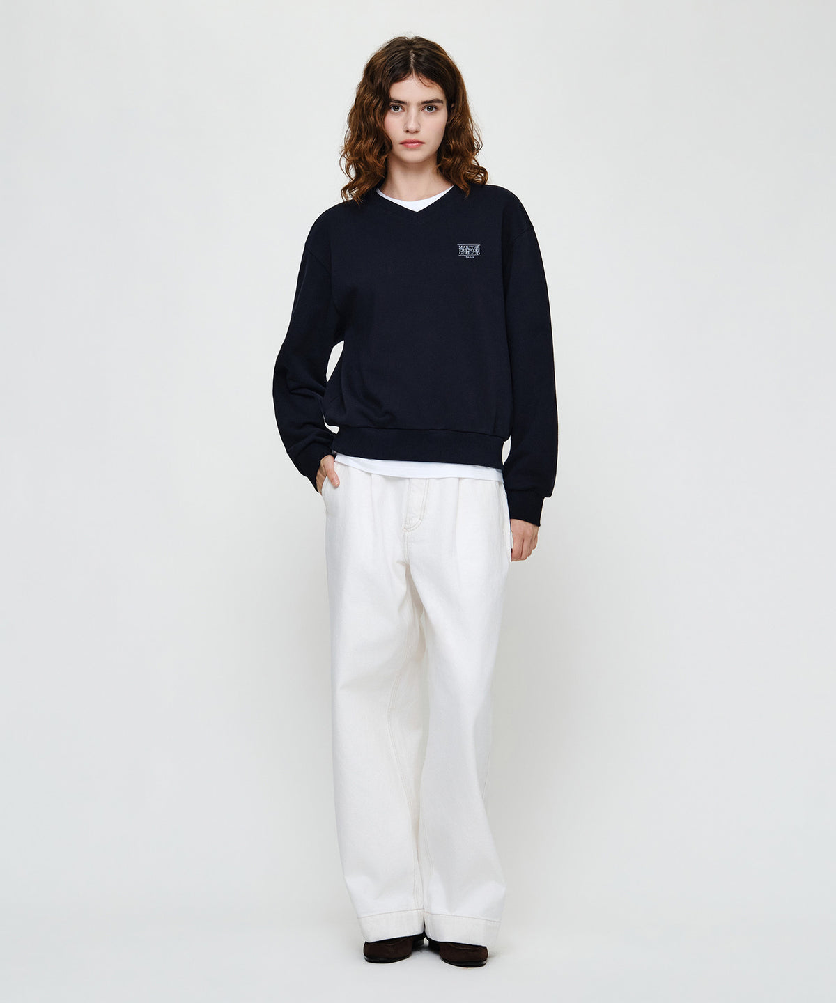 Marithe & Francois Girbaud - Small Classic Logo V Neck Balloon Sweatshirt (Navy) product image 4 | TRAB K-Fashion Australia