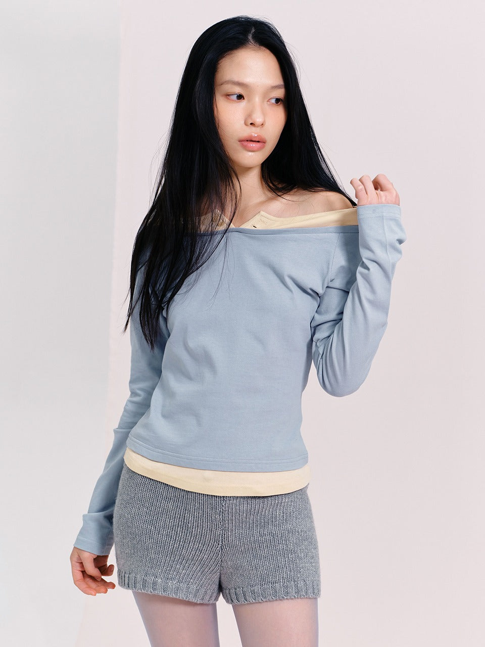 Margarin Fingers - Off-Shoulder Layered T-Shirt (Light Blue) product image 1 | TRAB K-Fashion Australia
