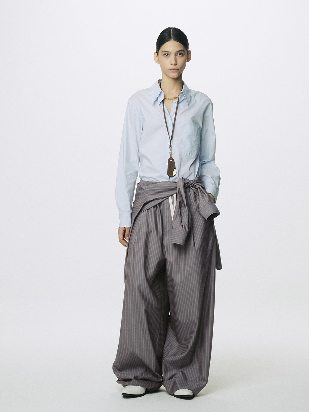 Tonywack - Silk Wool Wide Leg Pajama Trousers (Dark Grey Stripe) product image 1 | TRAB K-Fashion Australia