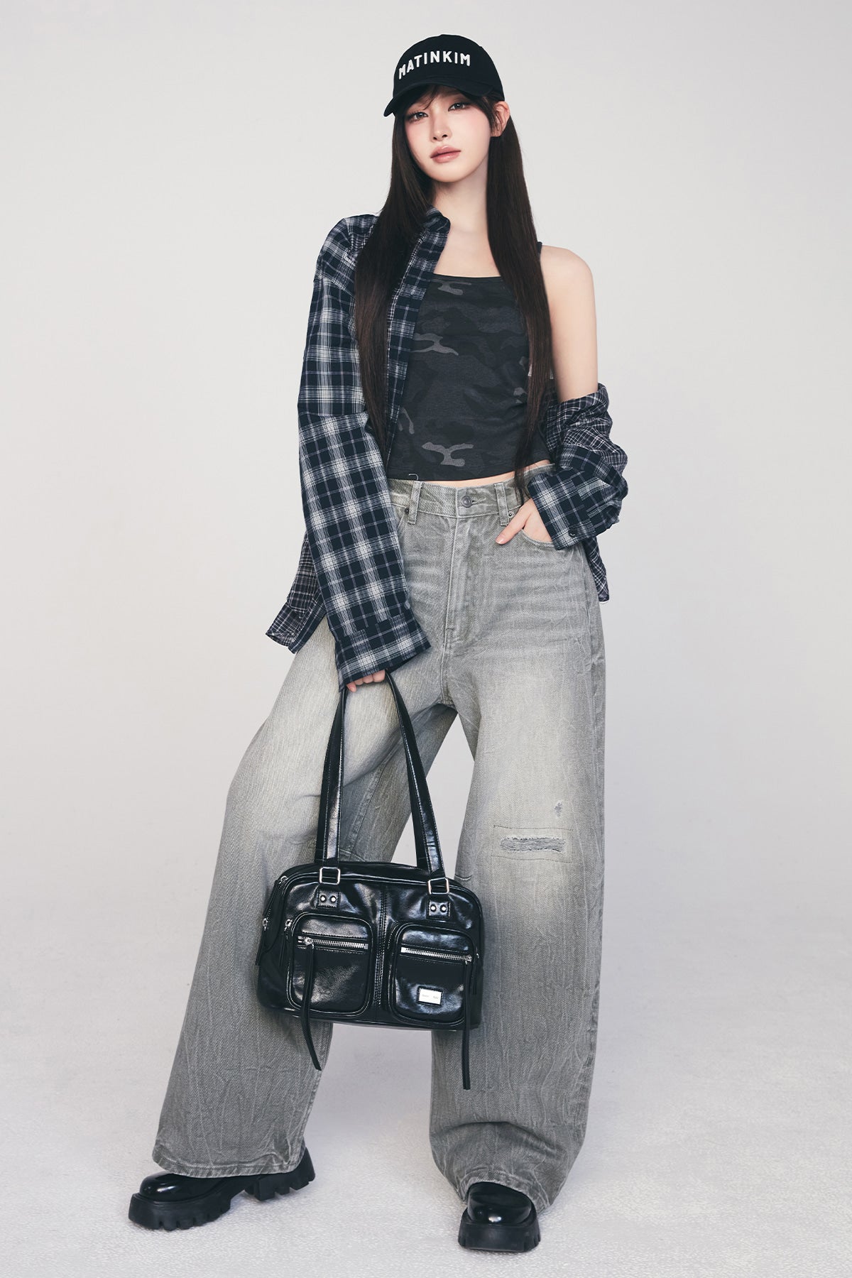 Matin Kim - Back Logo Washed Denim Pants (Khaki) product image 1 | TRAB K-Fashion Australia