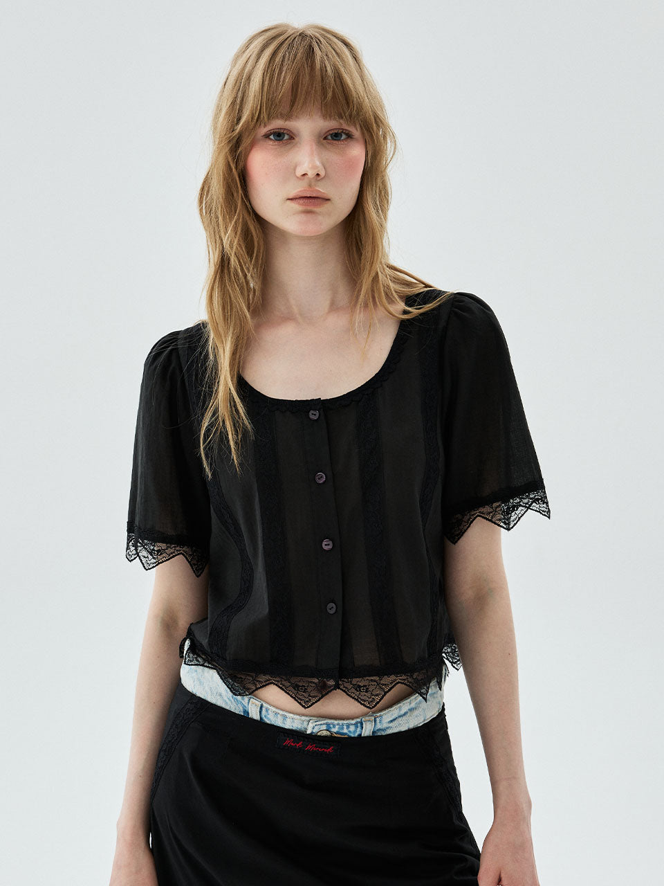 Mardi Mercredi - Sheer Cotton Cropped Blouse Lace (Black) product image 1 | TRAB K-Fashion Australia