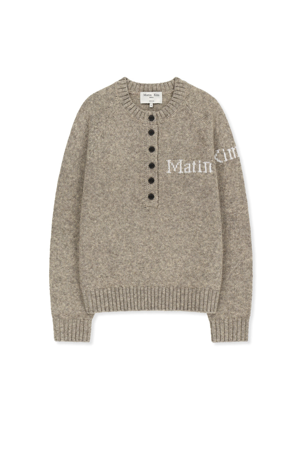 Matin Kim - Matin Button Point Henley Neck Logo Knit Top (Beige) product image 1 | TRAB K-Fashion Australia