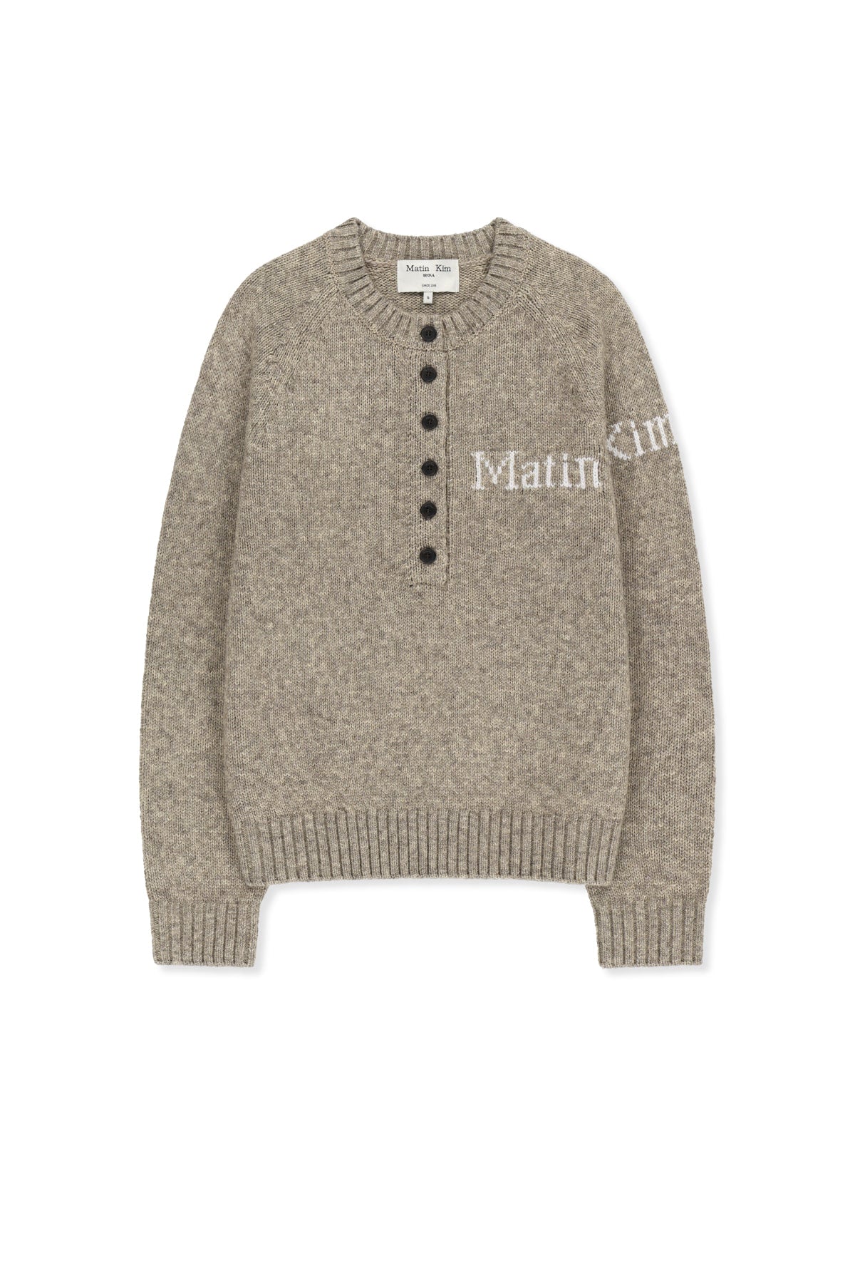 Matin Kim - Matin Button Point Henley Neck Logo Knit Top (Beige) product image 1 | TRAB K-Fashion Australia
