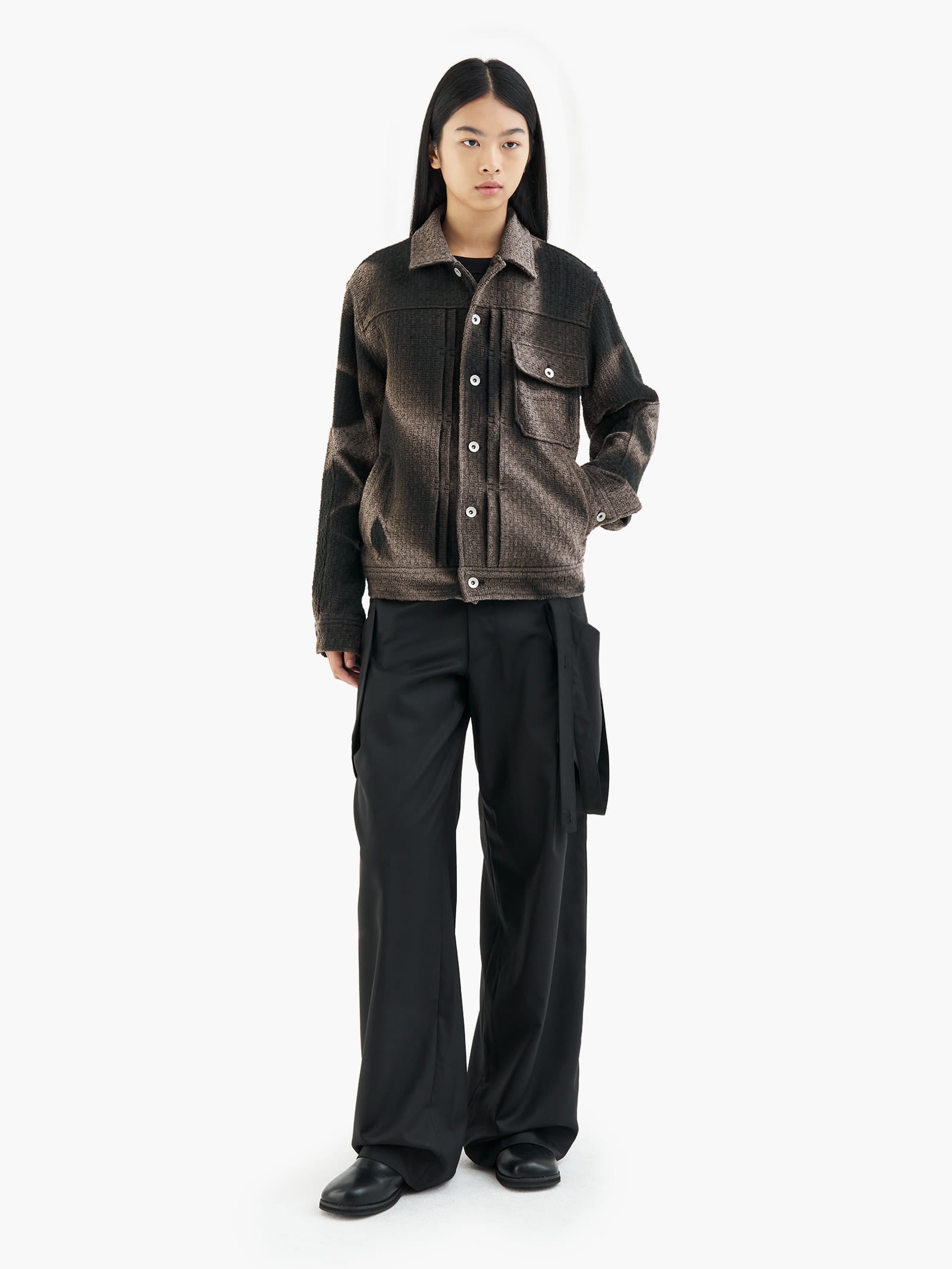 Jiyong Kim - Sun-Bleached Tweed Trucker Jacket (Black) product image 3 | TRAB K-Fashion Australia