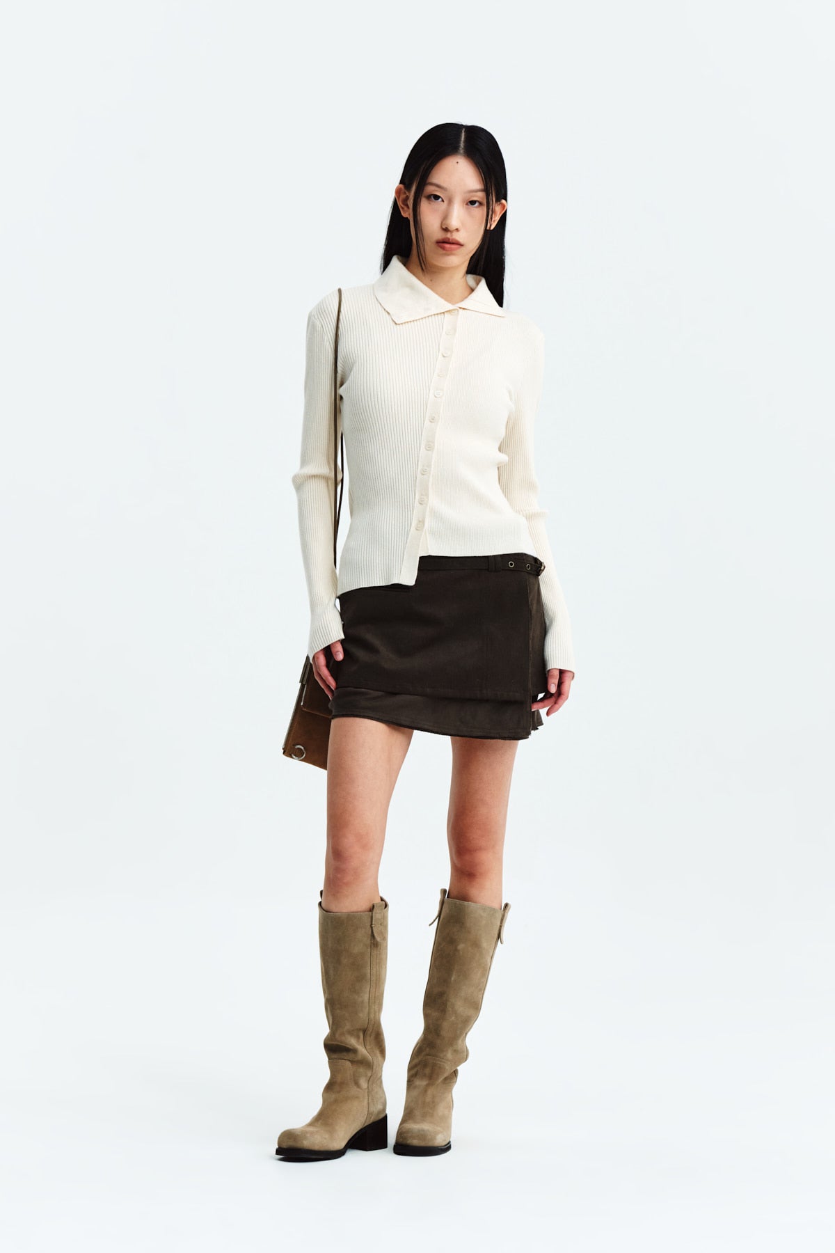 Matin Kim - Layered Belted Mini Skirt (Khaki Brown) product image 8 | TRAB K-Fashion Australia