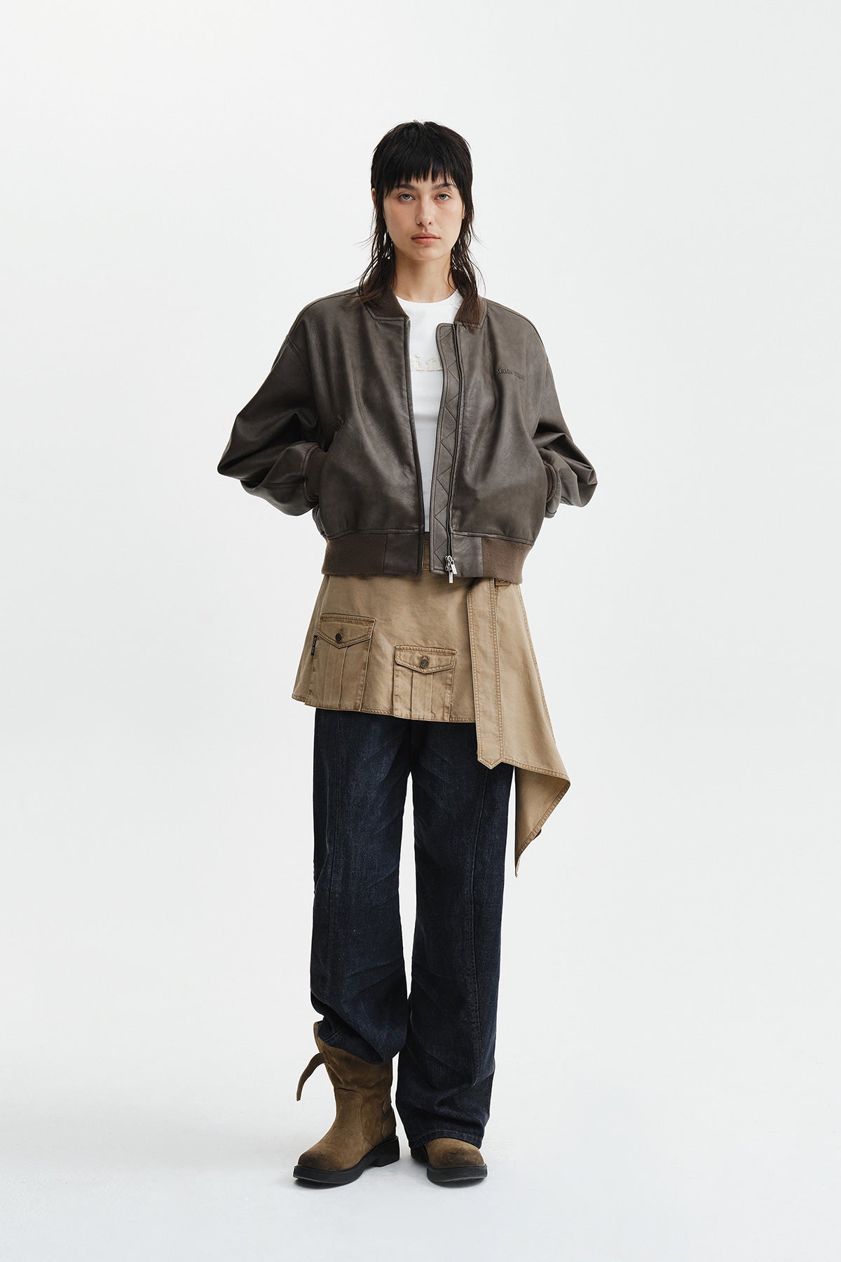 Matin Kim - Faux Leather Rib Collar Blouson (Brown) product image 9 | TRAB K-Fashion Australia
