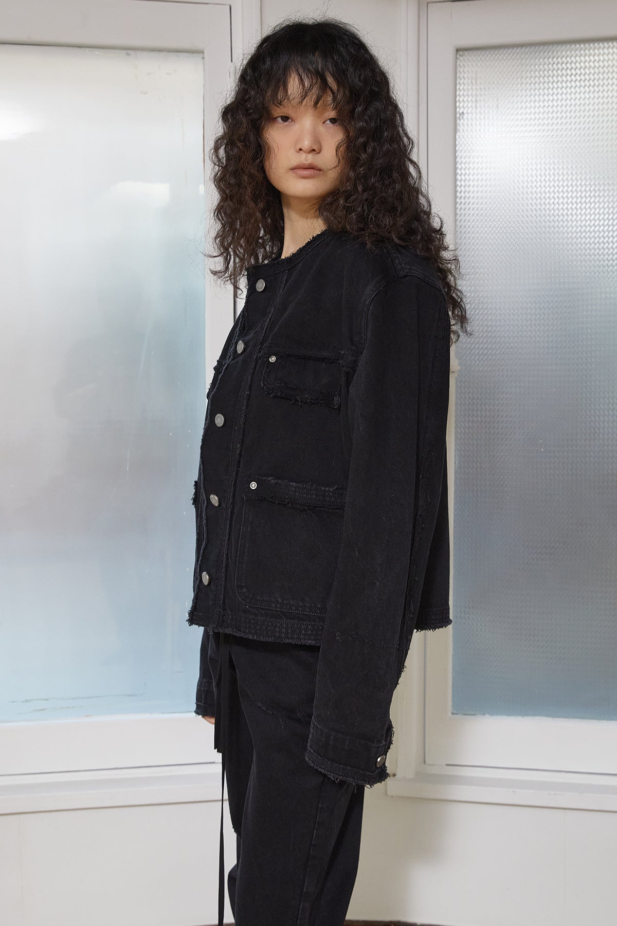 Matin Kim - Collarless Damage Denim Jacket (Black) product image 14 | TRAB K-Fashion Australia