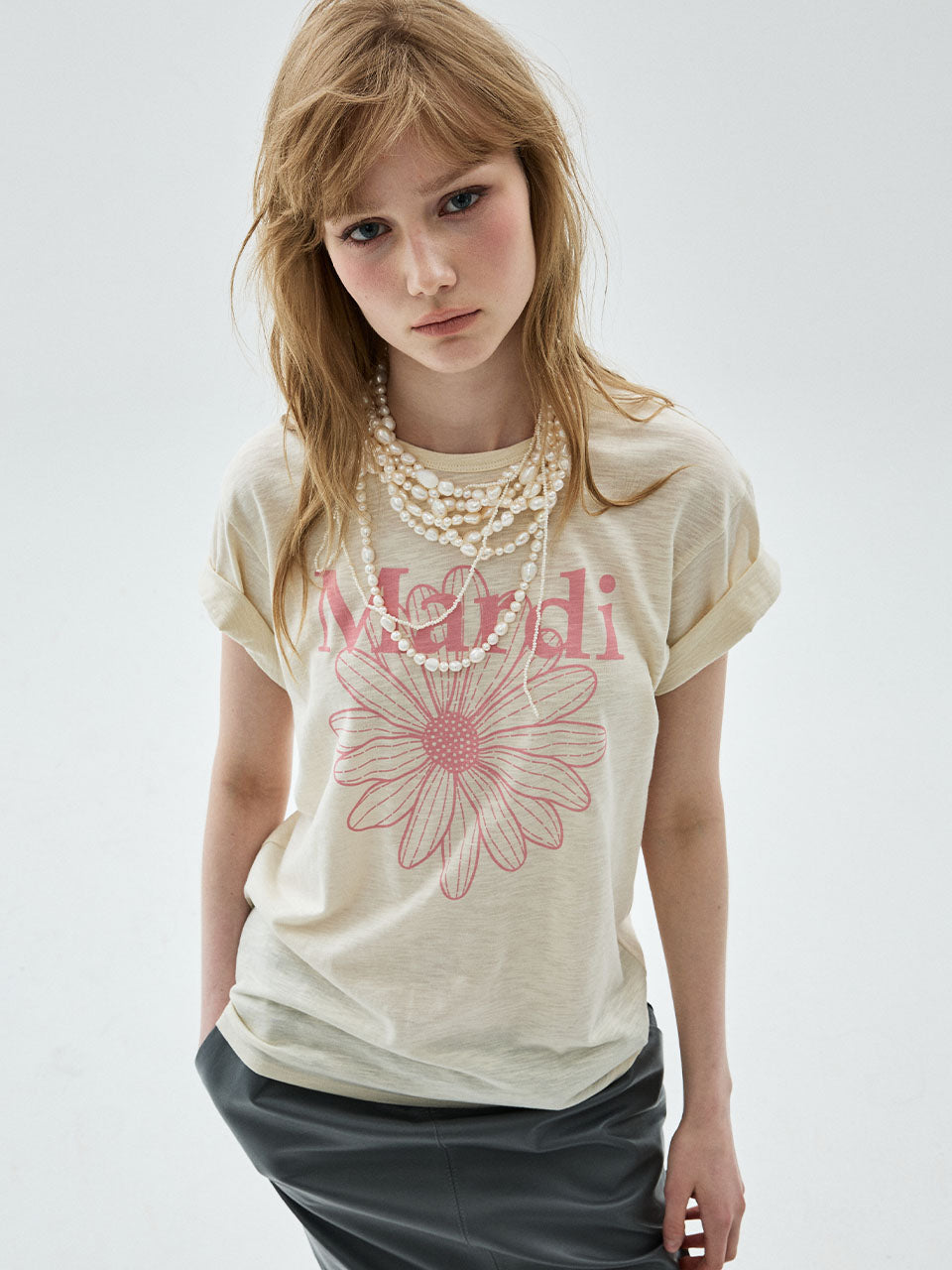 Mardi Mercredi - Slub Cotton Relaxed Tshirt Flowermardi (Cream Indipink) product image 1 | TRAB K-Fashion Australia