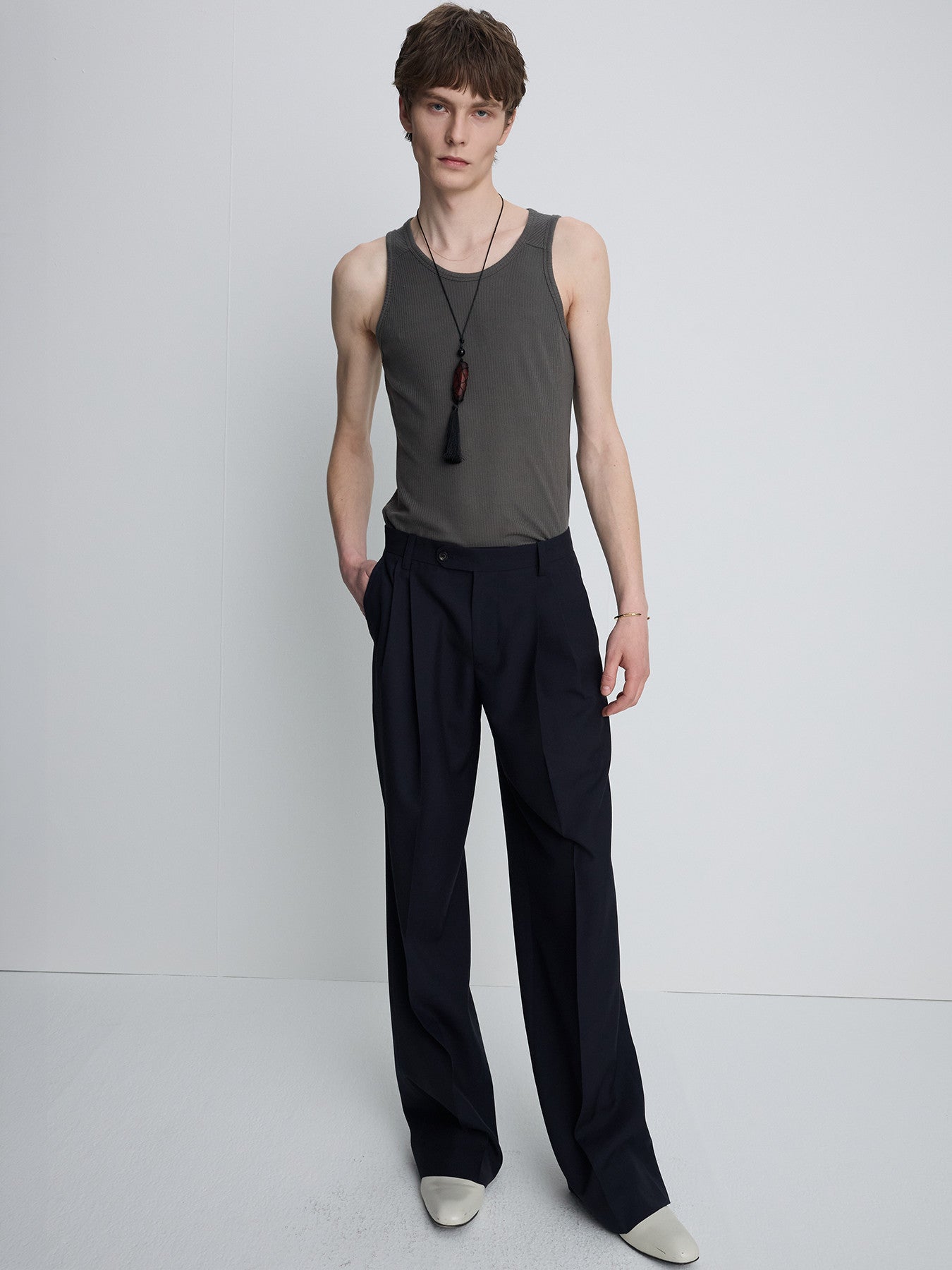 Tonywack - Silk Lyocell Rib Tank Top Japanese Fabric (Olive Charcoal) product image 1 | TRAB K-Fashion Australia