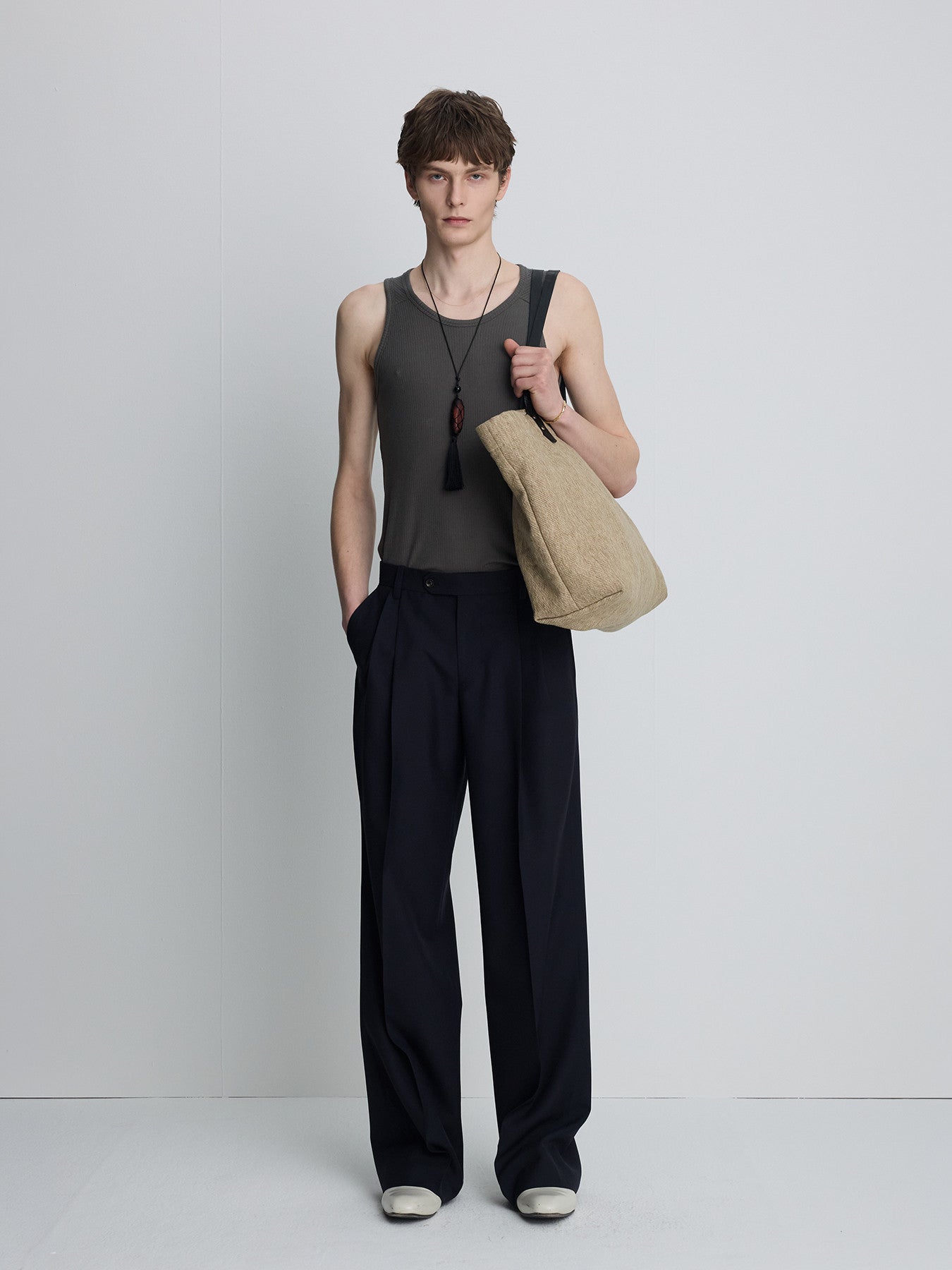 Tonywack - Silk Lyocell Rib Tank Top Japanese Fabric (Olive Charcoal) product image 2 | TRAB K-Fashion Australia