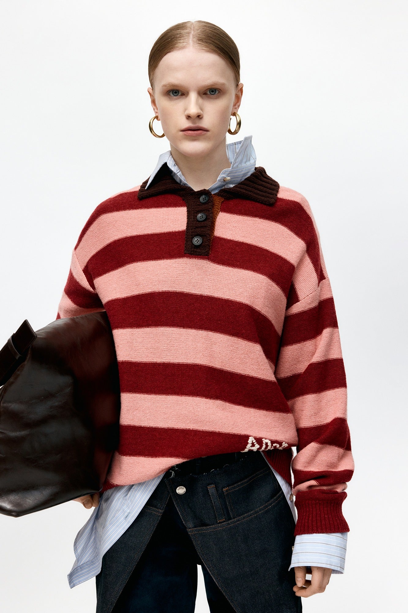Andersson Bell - Loose-Fit Stripe Collar Sweater (Pink/Red Wine) product image 1 | TRAB K-Fashion Australia