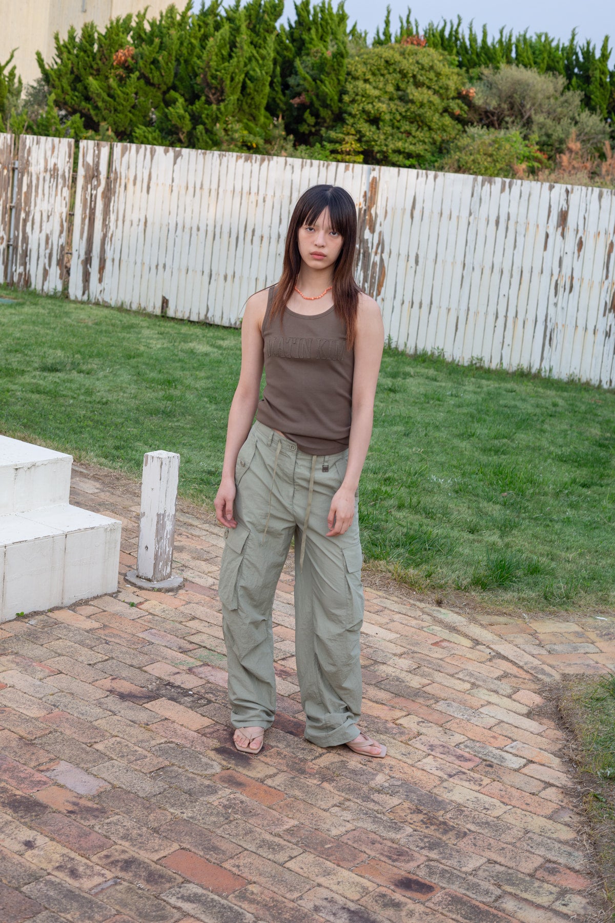 Matin Kim - Logo Applique Slim Tank Top (Khaki) product image 8 | TRAB K-Fashion Australia