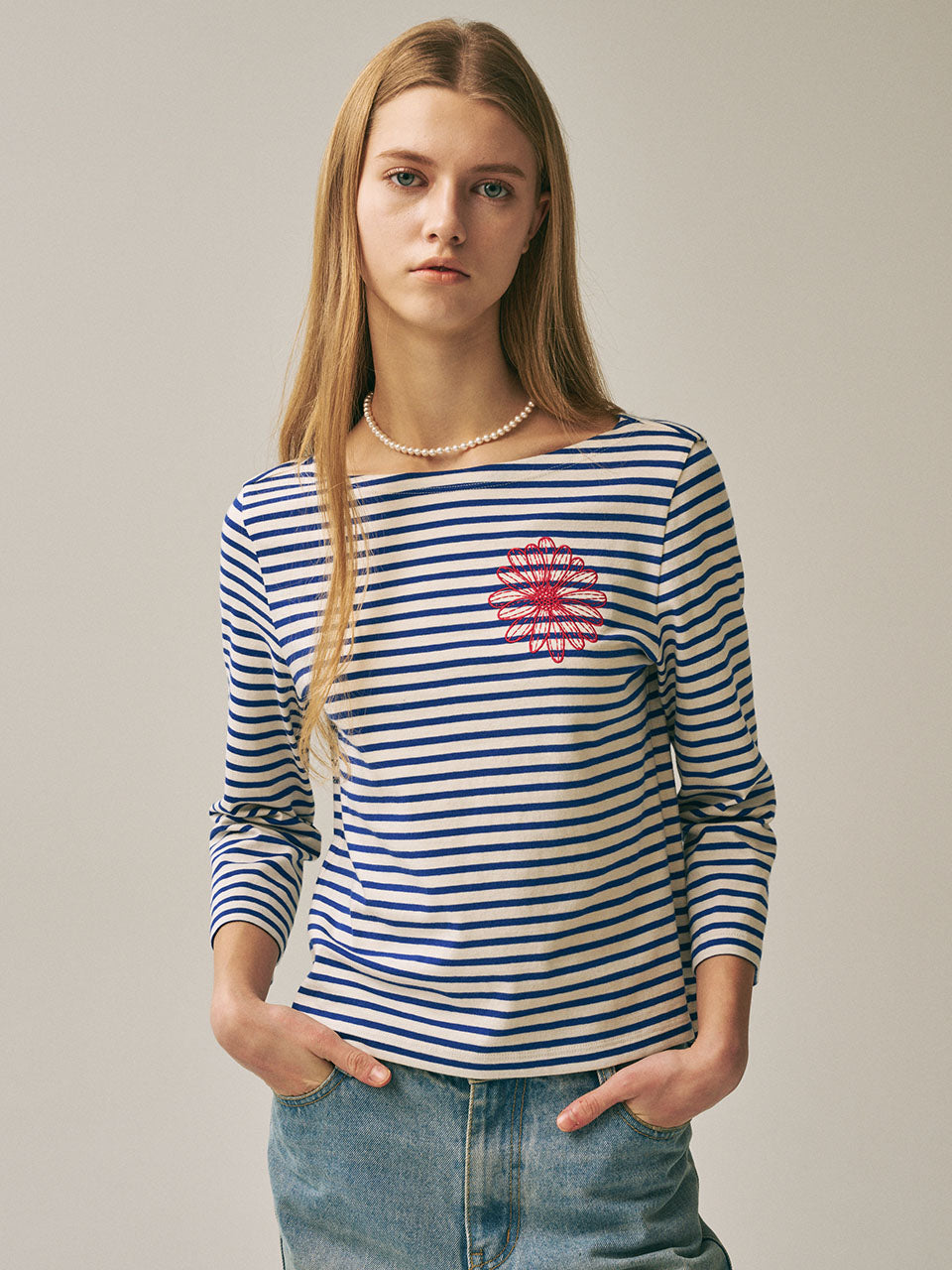 Mardi Mercredi - Slim Tshirt 3/4 Sleeve Stripe (Blue Red) product image 1 | TRAB K-Fashion Australia