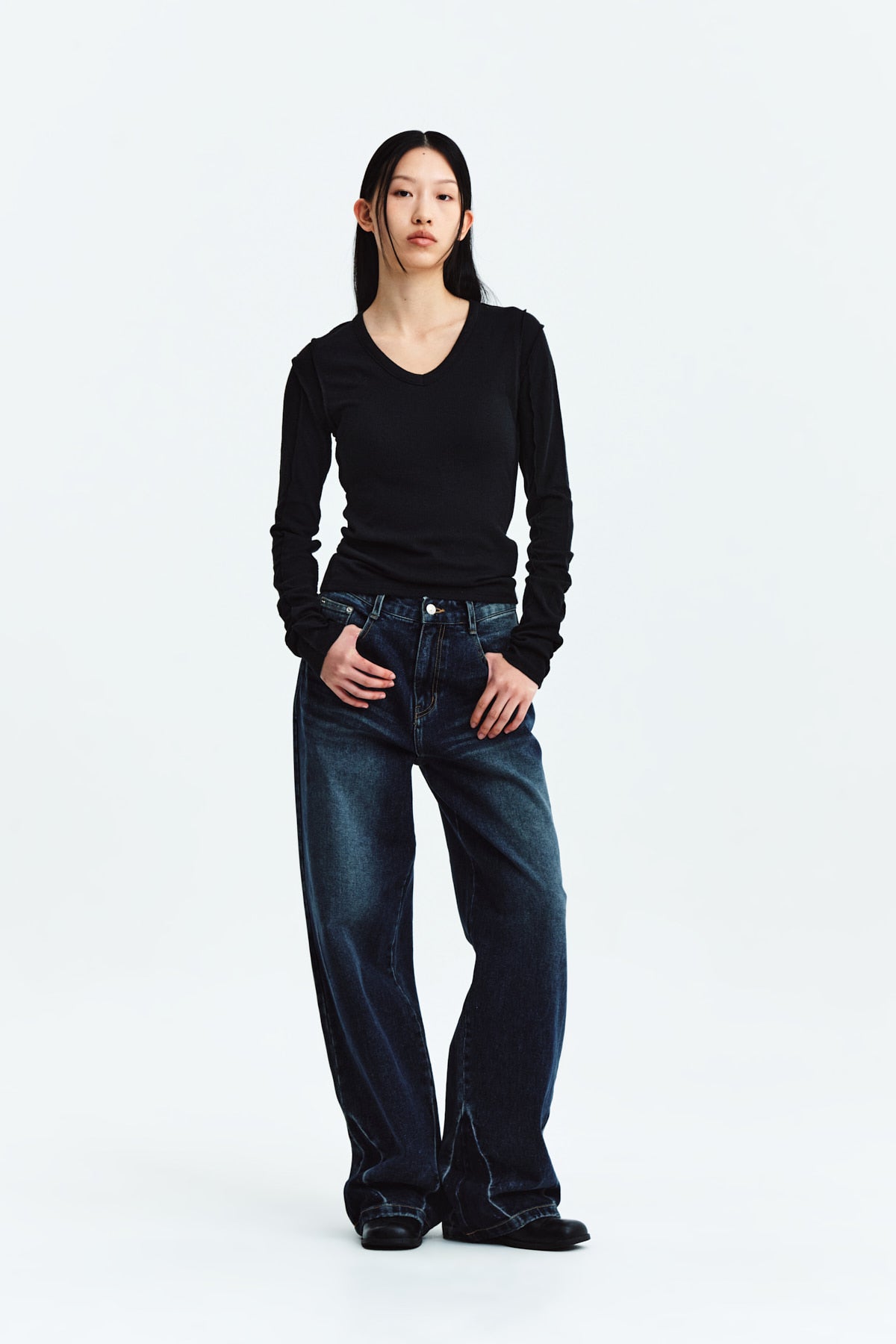 Matin Kim - Stitch V Neck Slim Long Sleeve (Black) product image 9 | TRAB K-Fashion Australia