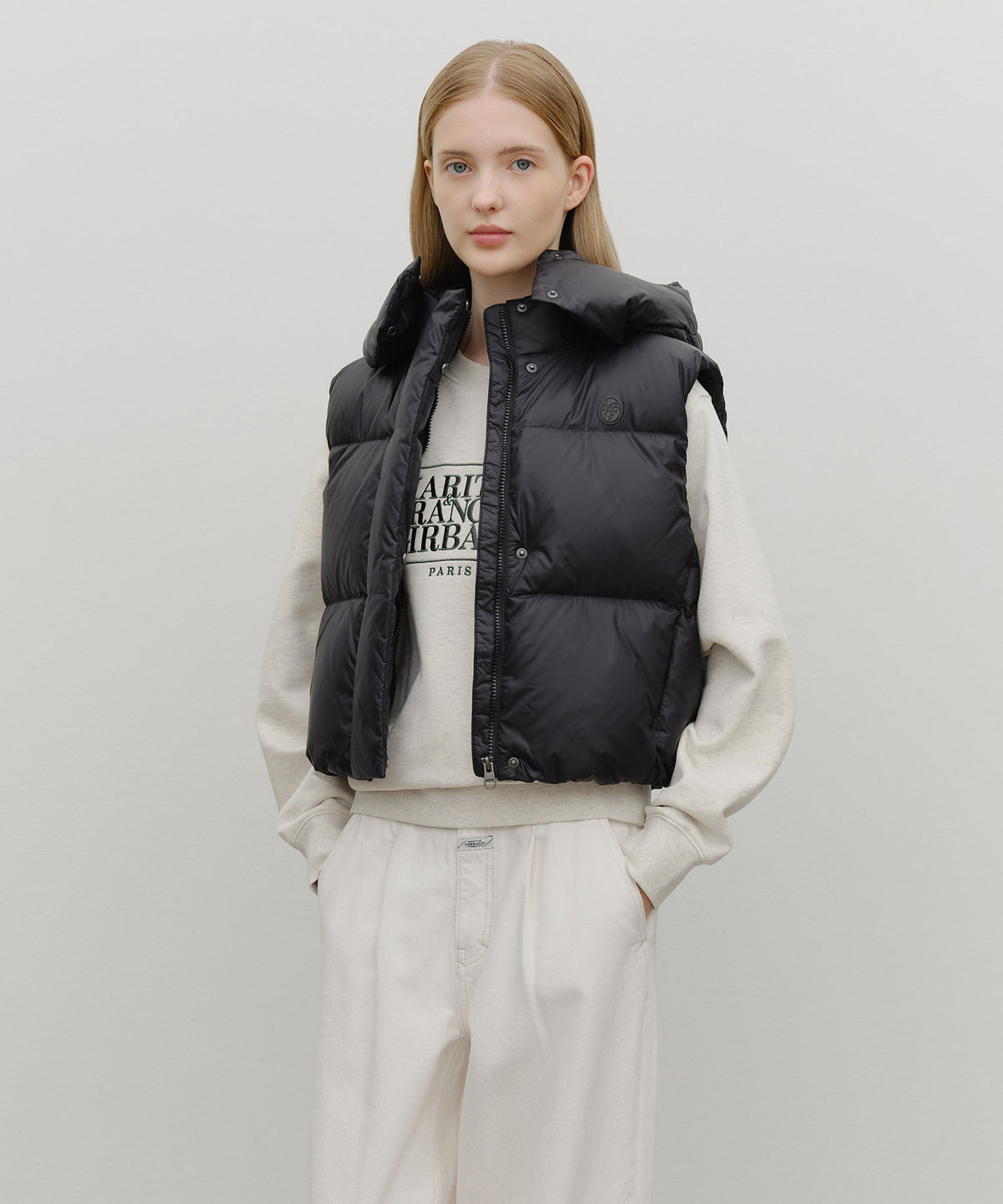 Marithe & Francois Girbaud - Circle Logo Crop Hooded Down Vest (Black) product image 1 | TRAB K-Fashion Australia