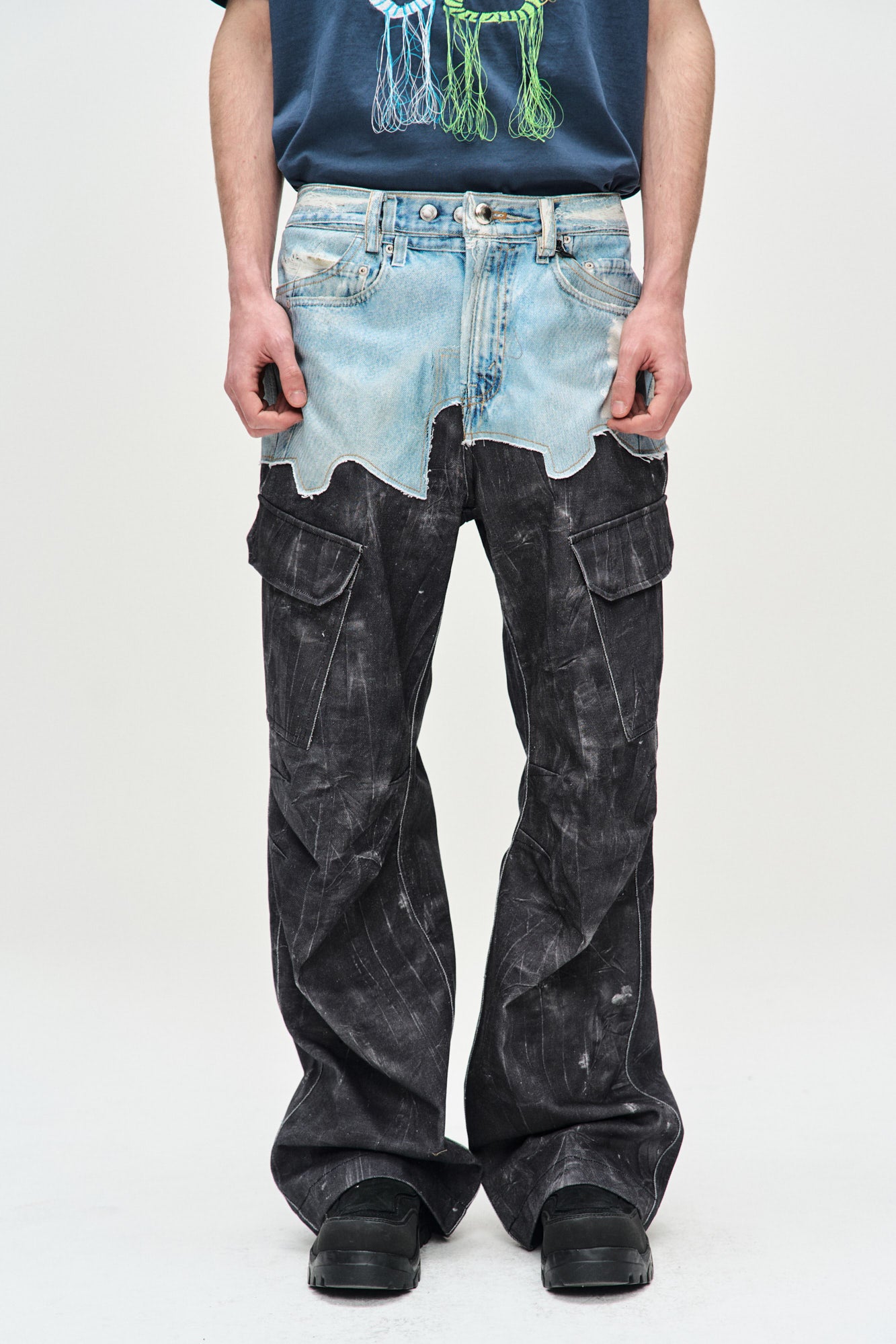 Andersson Bell - Faux-Denim & Scratch Leather Printed Cargo-Pants (Denim/Black) product image 3 | TRAB K-Fashion Australia