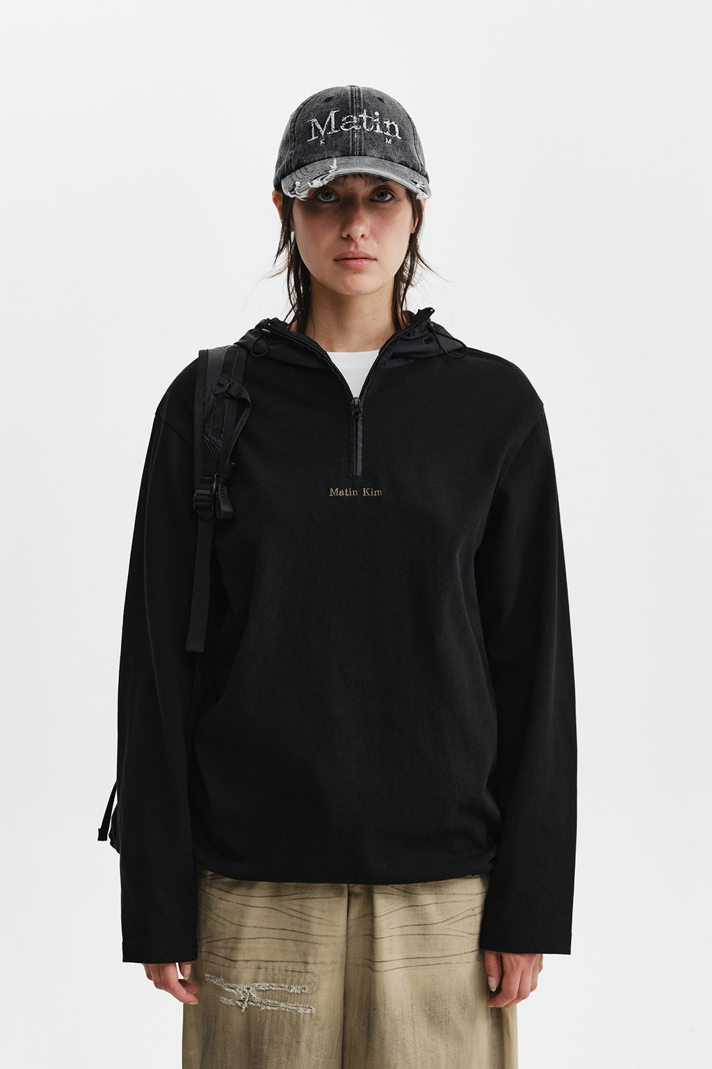 Matin Kim - Color Block Hoody Quarter Zip Up (Black) product image 11 | TRAB K-Fashion Australia