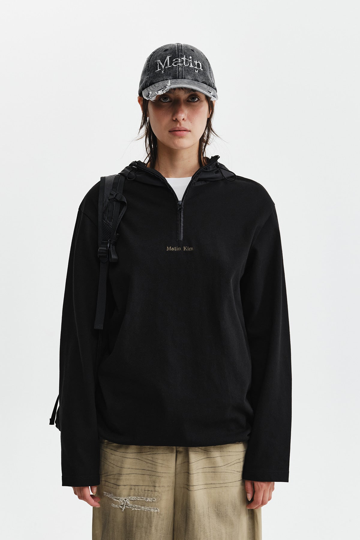 Matin Kim - Color Block Hoody Quarter Zip Up (Black) product image 11 | TRAB K-Fashion Australia