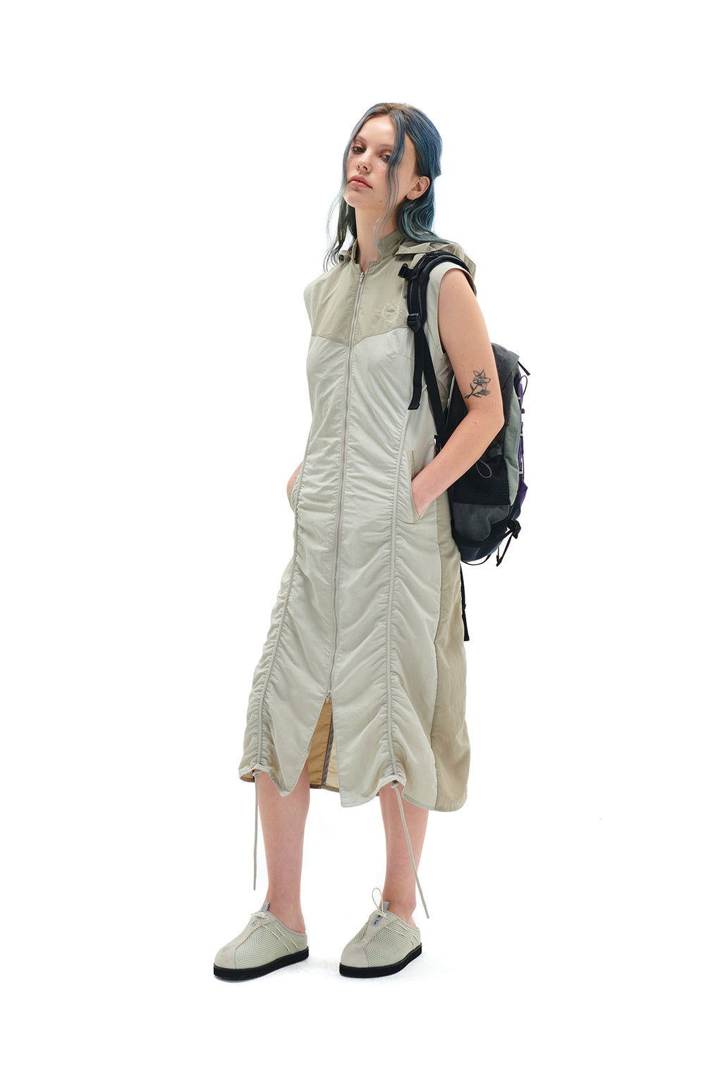 Matin Kim - Shirring Sleeveless Zip Up Dress (Beige) product image 9 | TRAB K-Fashion Australia