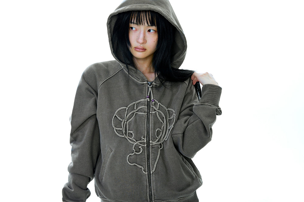 Coyseio - Vintage Tape Hood Zip-Up (Ash Brown) product image 3 | TRAB K-Fashion Australia