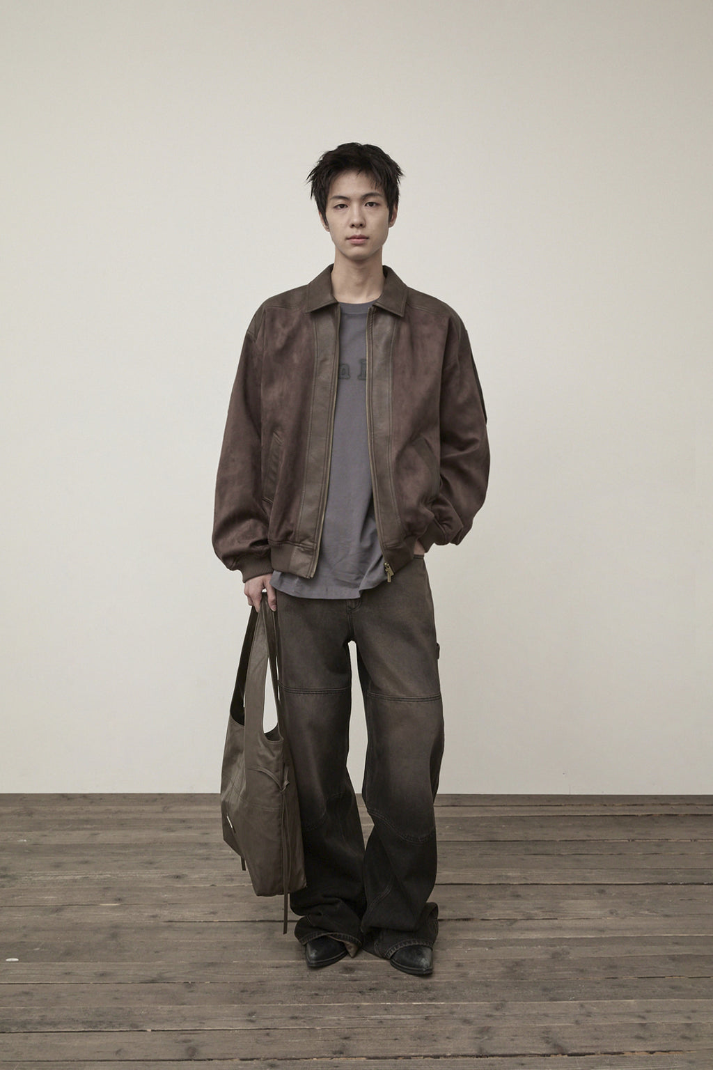 Matin Kim - Suede Mix Leather Zip Up Jumper (Brown) product image 9 | TRAB K-Fashion Australia