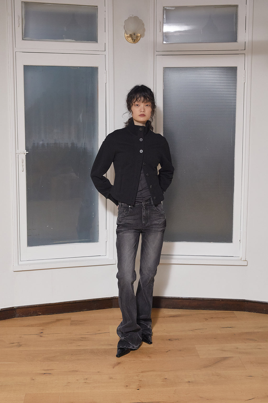 Matin Kim - Deep Washed Semi Boots Cut Denim Pants (Charcoal) product image 12 | TRAB K-Fashion Australia