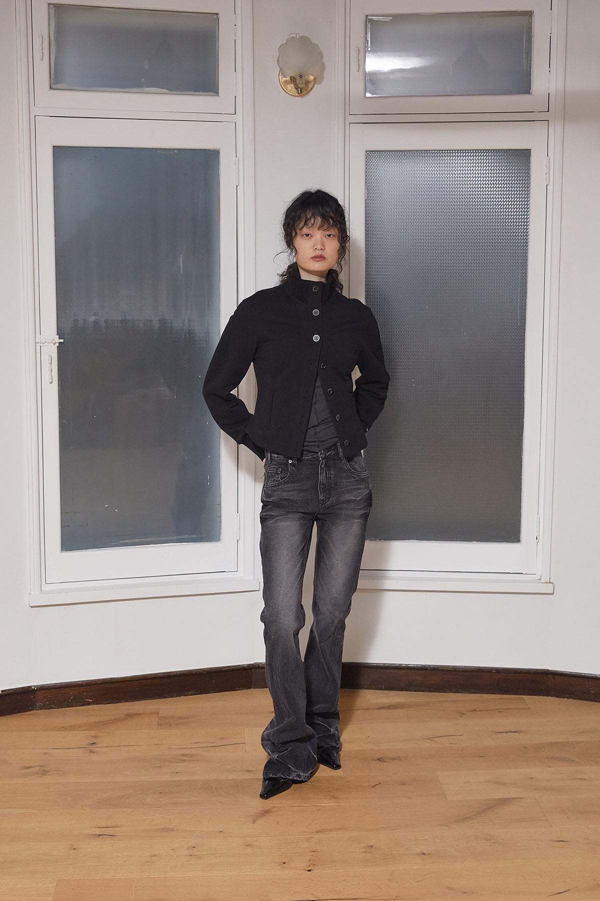 Matin Kim - Deep Washed Semi Boots Cut Denim Pants (Charcoal) product image 12 | TRAB K-Fashion Australia