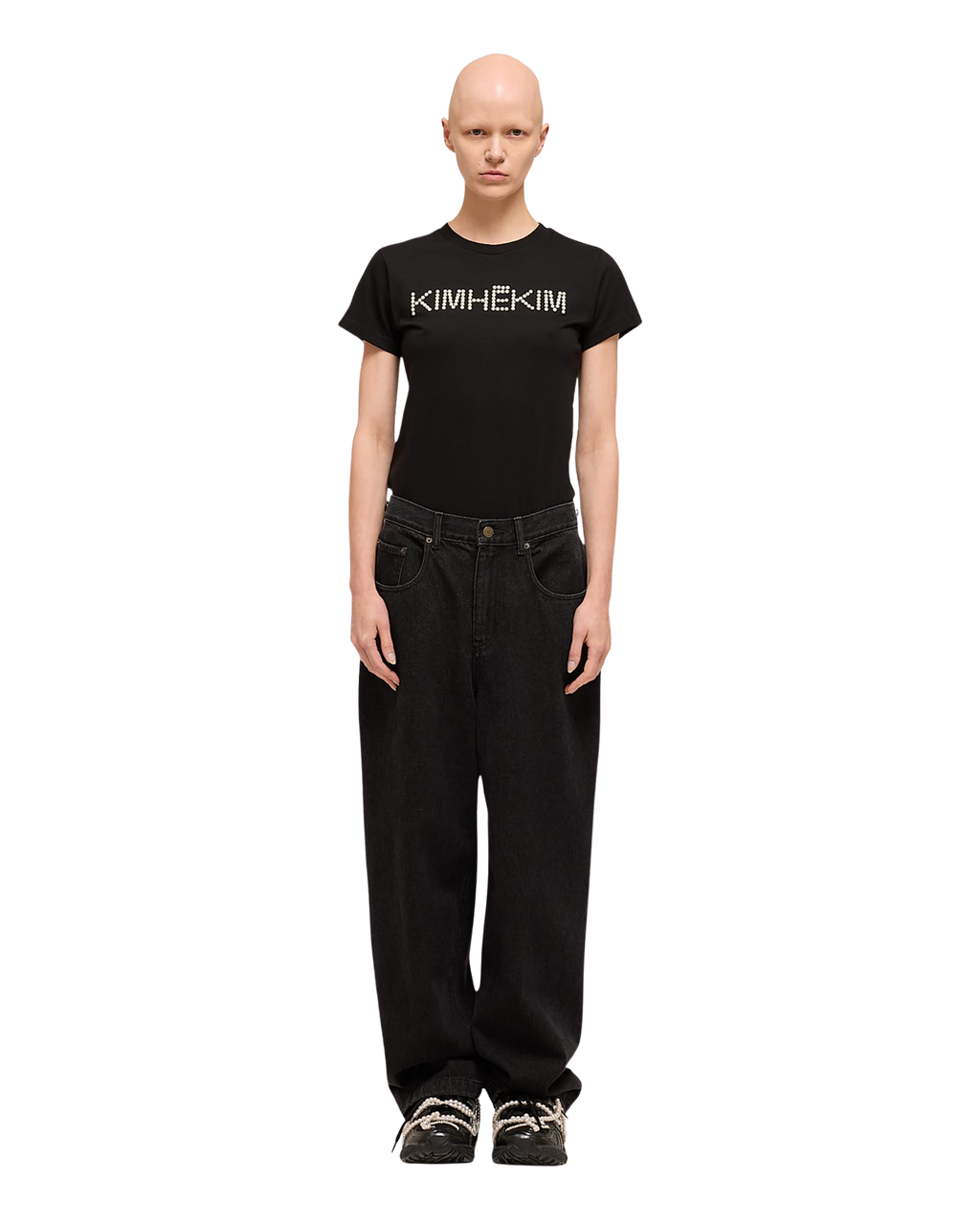 Kimhe Kim - Pearl Embellished Logo Slim T-Shirt (Black) product image 1 | TRAB K-Fashion Australia
