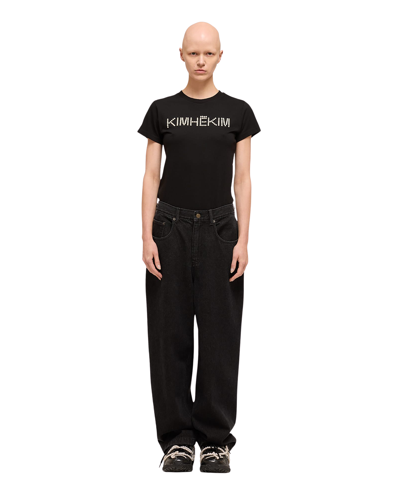 Kimhe Kim - Pearl Embellished Logo Slim T-Shirt (Black) product image 1 | TRAB K-Fashion Australia