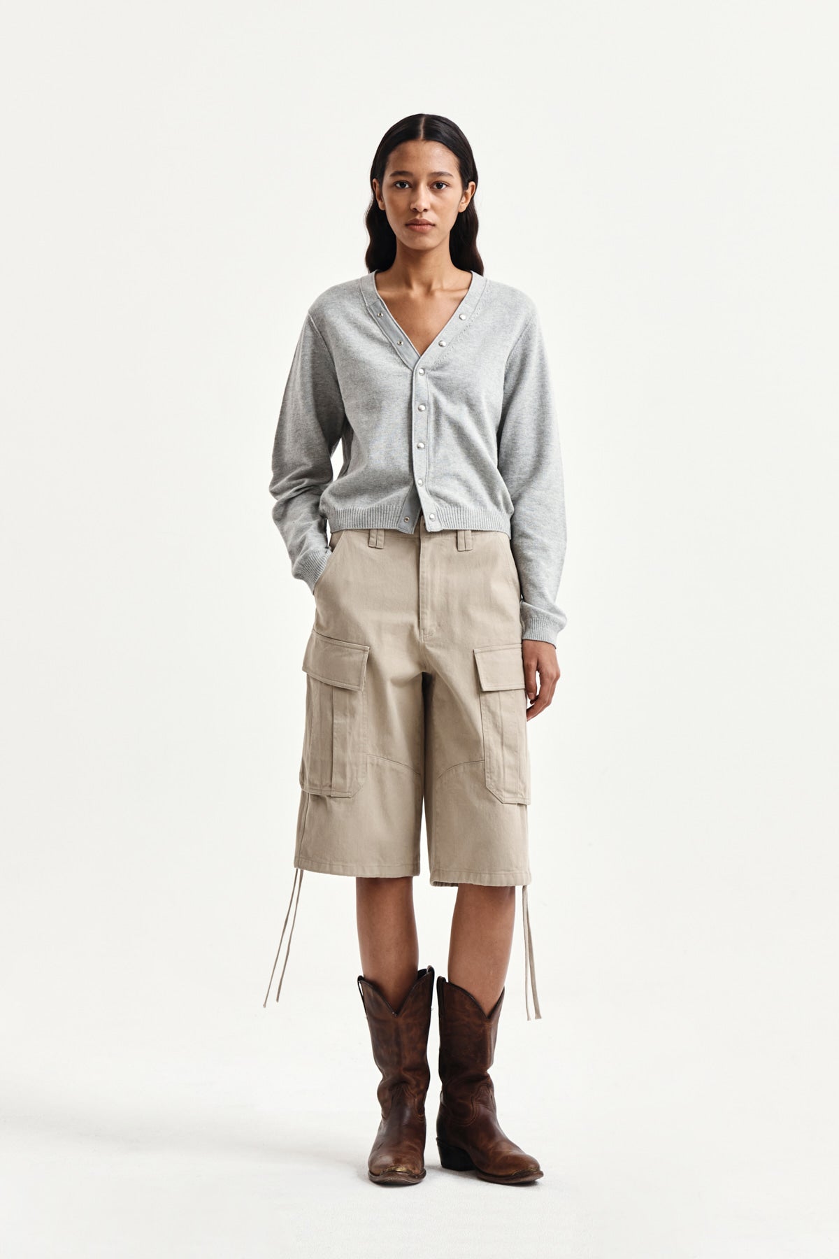 Matin Kim - Back Logo Snap Button Cardigan (Grey) product image 10 | TRAB K-Fashion Australia