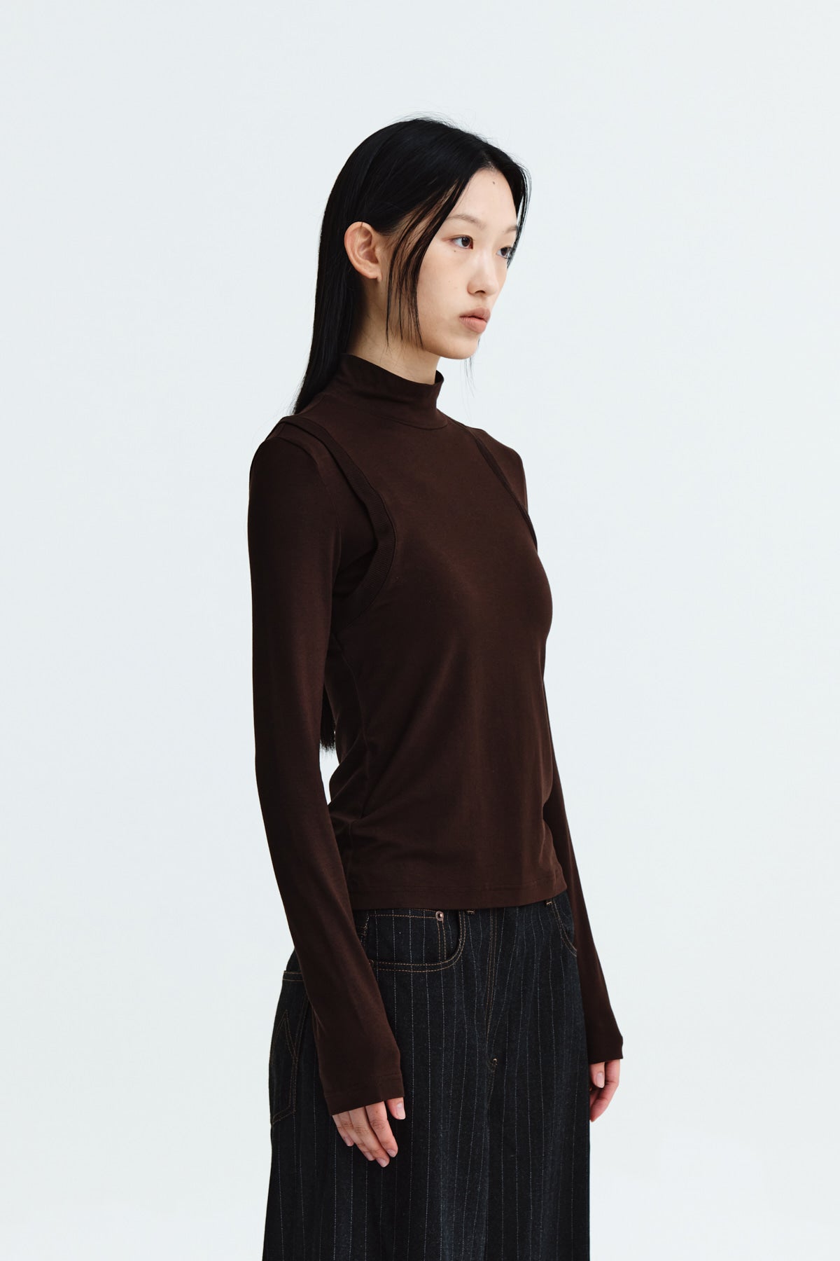 Matin Kim - Rib Layered Half Neck Long Sleeve Top (Brown) product image 9 | TRAB K-Fashion Australia