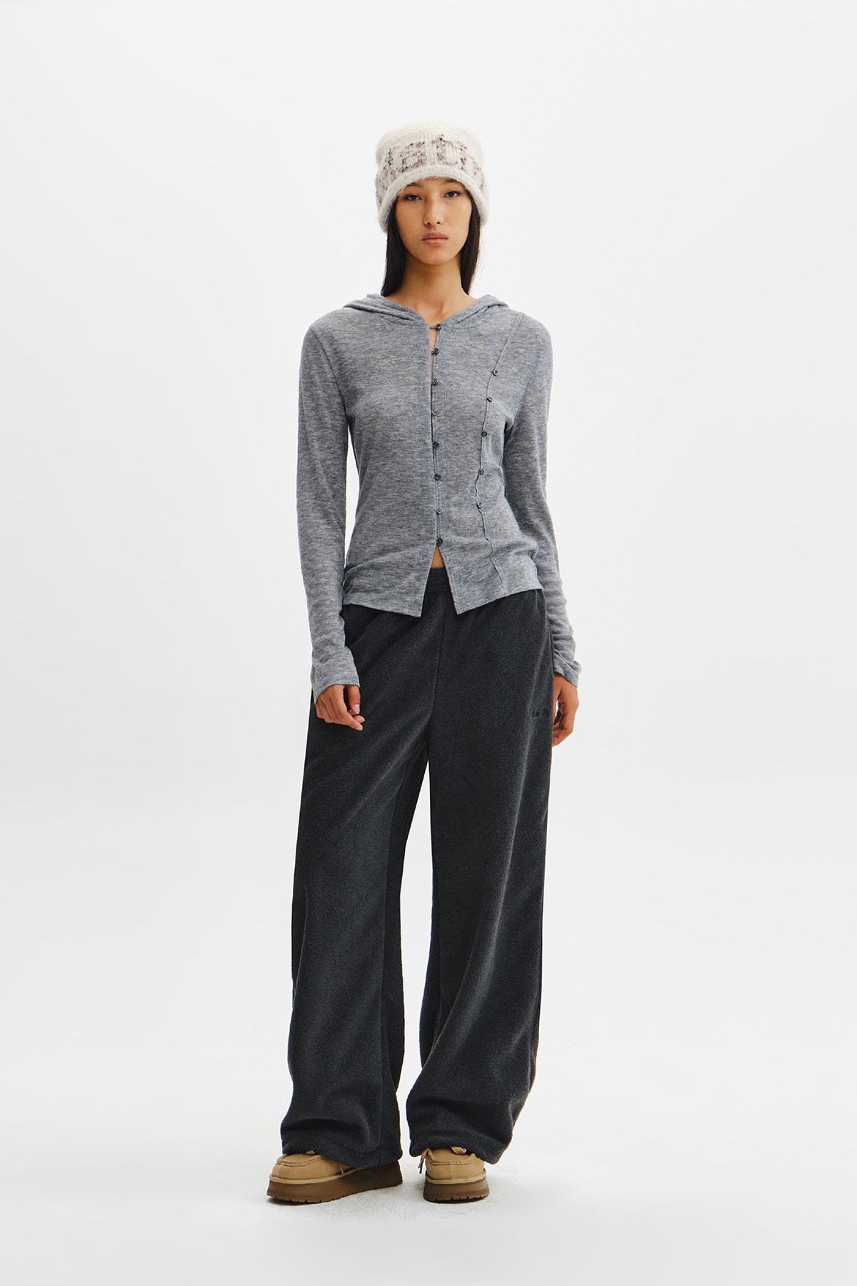 Matin Kim - Double Layer Button Hood Top (Grey) product image 11 | TRAB K-Fashion Australia