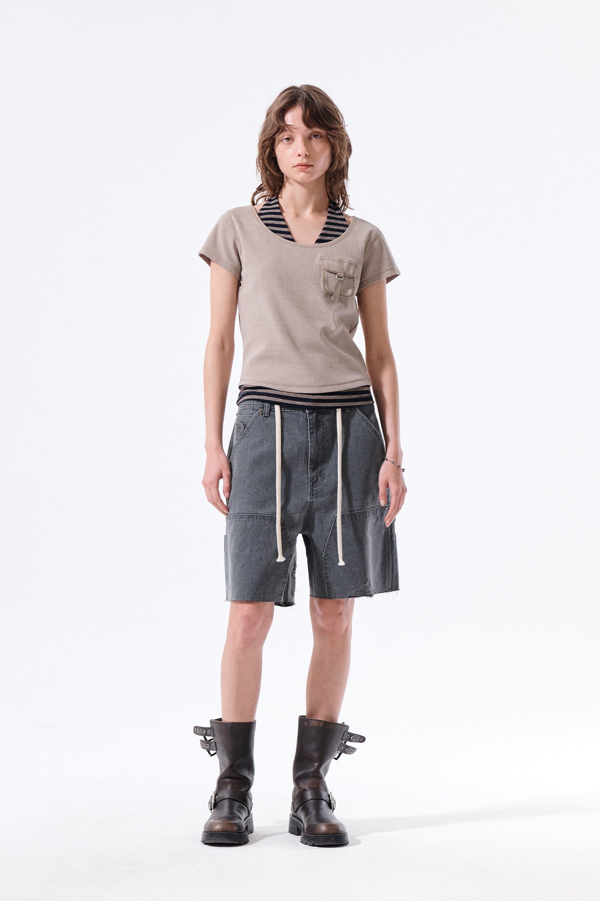 Matin Kim - Heringbone Raw Cut Denim Shorts (Grey) product image 10 | TRAB K-Fashion Australia