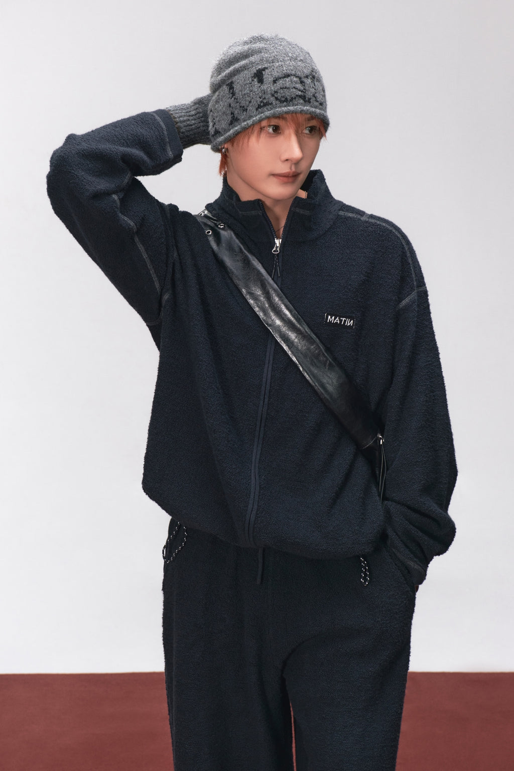 Matin Kim - Boucle Texture Knit Zip Up (Dark Navy) product image 1 | TRAB K-Fashion Australia