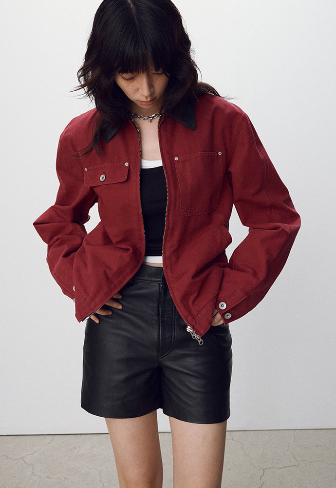 Tonywack - Leather Collar Garment-Washed Rivet Work Jacket (Red) product image 1 | TRAB K-Fashion Australia