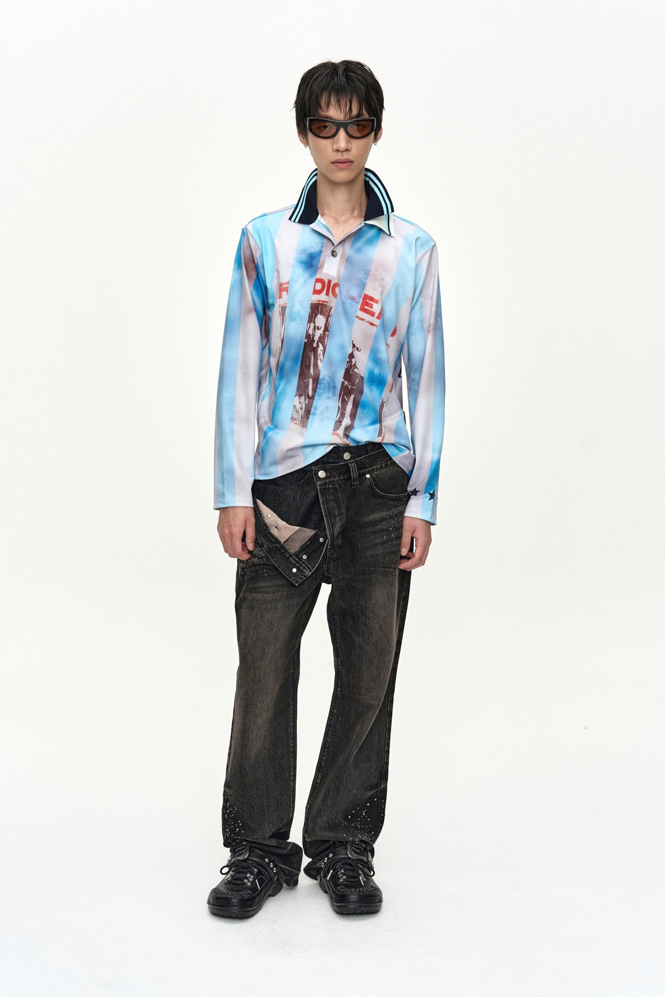 Andersson Bell - Unisex Asymmetric Layered Hot-Fix Wide-Leg Jeans (Black) product image 1 | TRAB K-Fashion Australia