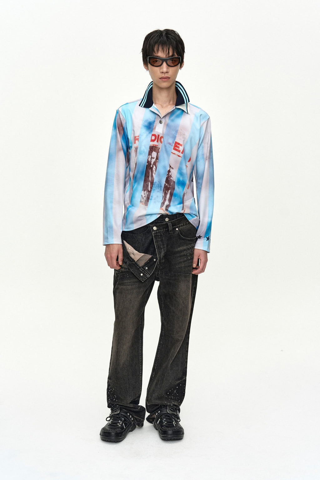 Andersson Bell - Unisex Asymmetric Layered Hot-Fix Wide-Leg Jeans (Black) product image 1 | TRAB K-Fashion Australia