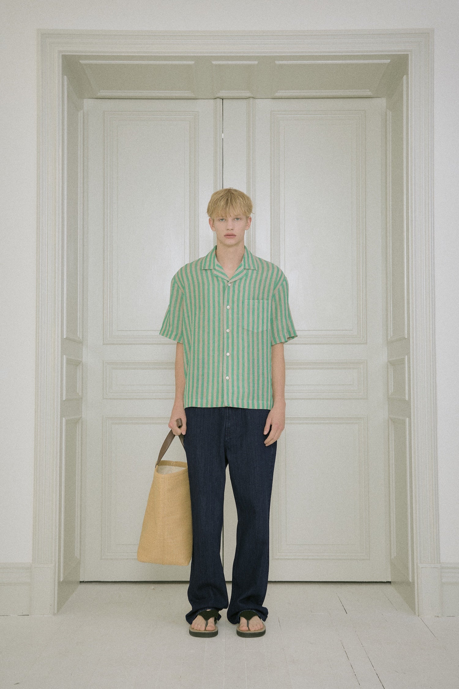 STU - Back Raglan Stripe Linen Shirt (Green) product image 1 | TRAB K-Fashion Australia