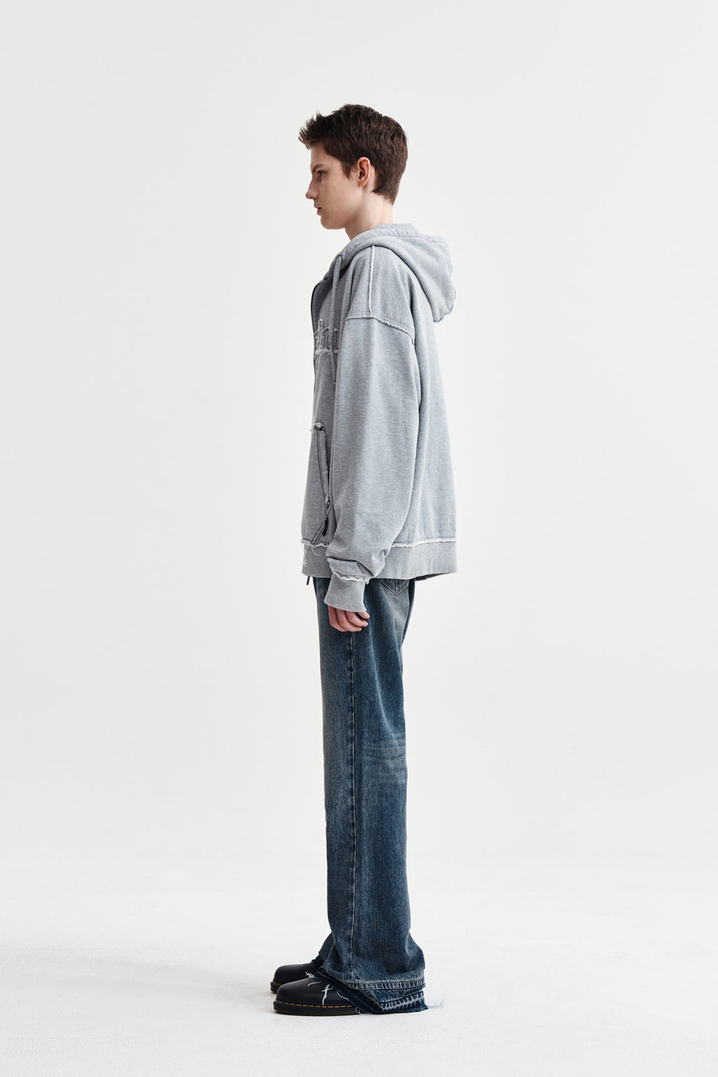 Matin Kim - Raw Cut Applique Hoody Zip Up (Grey) product image 11 | TRAB K-Fashion Australia